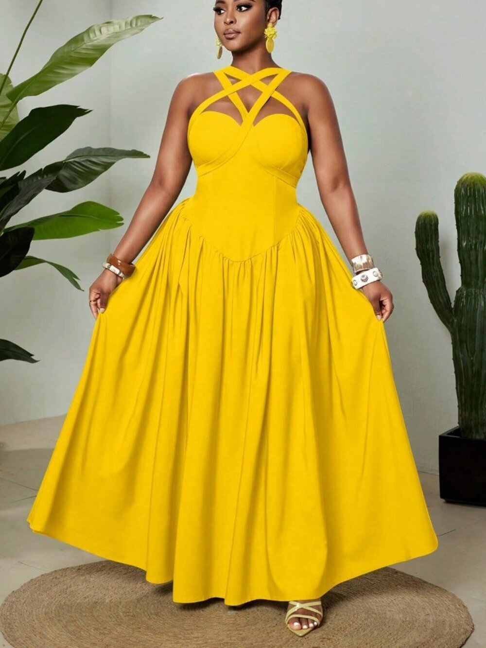 Yellow Womens Plus Size Elegant Sexy Spaghetti Strap Sleeveless Flowy maxi Dress